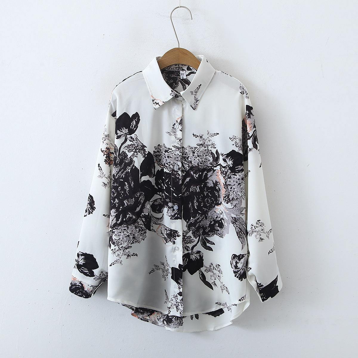 Autumn Retro Simple Printed Long Sleeve Satin Shirt Women