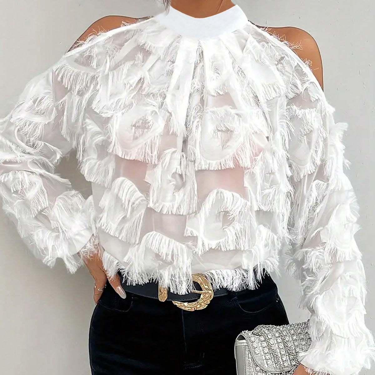 Spring Autumn Women off Shoulder Long Sleeve Semi Transparent Elegant Top