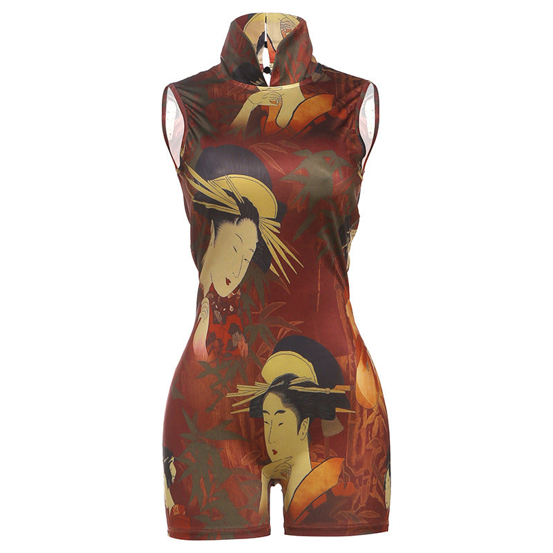 Women Autumn Winter Women Clothing Personalized Printing High Neck Sexy Slim Sleeveless Jumpsuit