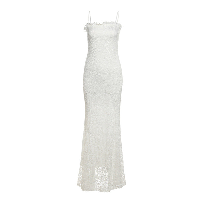 Summer Women Clothing Sexy Solid Color Mesh Stitching Hollow Out Cutout Slim Strap Dress