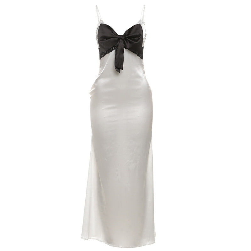 Fall Women Clothing Sexy V neck Contrast Color Bow Slim Fit Backless Strap Dress