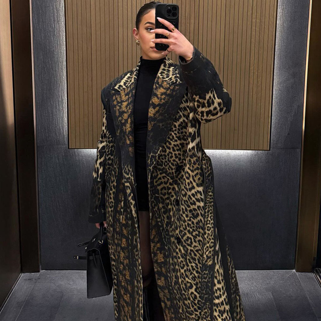 Autumn Winter Women Clothing Collared Print Leopard Print Long Casual Bandage Trench Coat