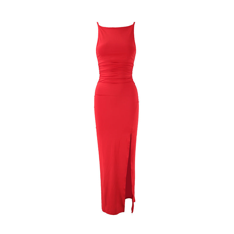 Women Clothing Summer Suspender off Neck Pleated Side Slit Elegant Dress