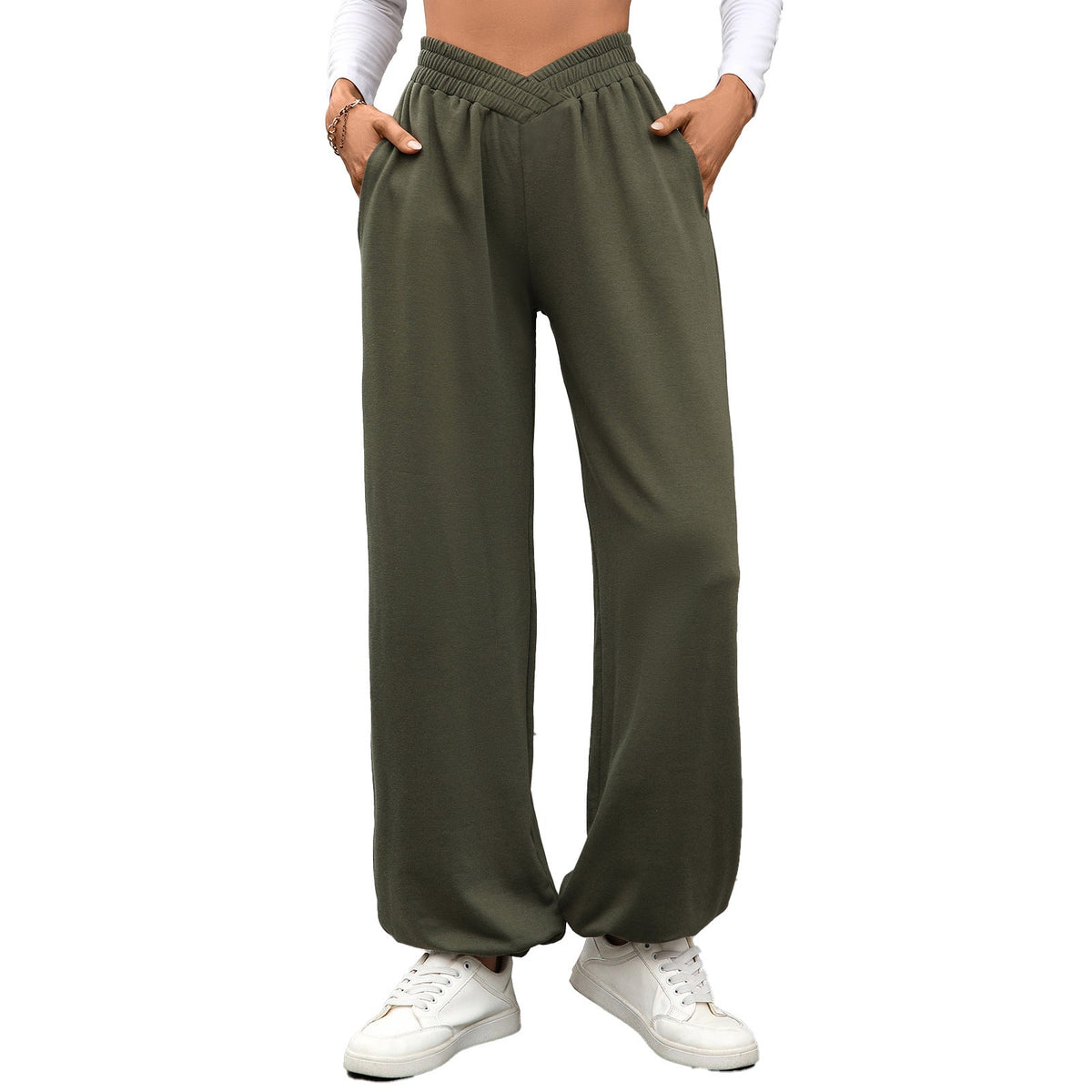 Autumn Winter Elastic Waist with Pocket Ankle Tied Loose Casual Women Pants