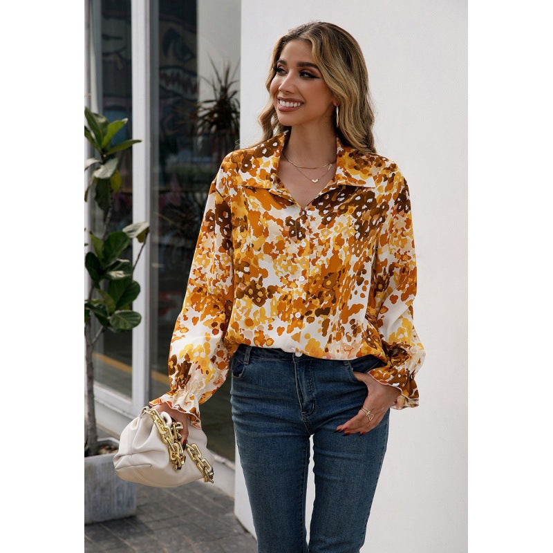 Loose Casual Print Collared Single Breasted Shirt Floral Long Sleeve Shirt Top Women