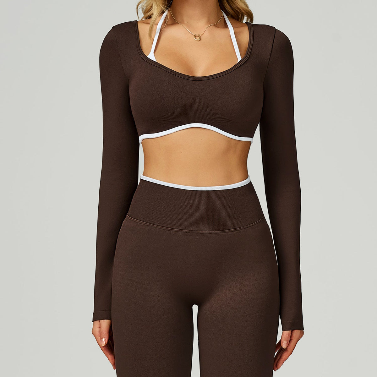 Seamless Contrast Color Yoga Long Sleeve Faux Two Piece Short Slim Fit Yoga T shirt Running Sports Workout Clothes