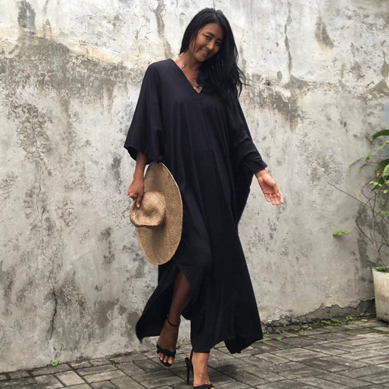 Rayon Loose Robe Beach Cover Up Sexy V Neck Headband Belt Sun Protection Dress Women