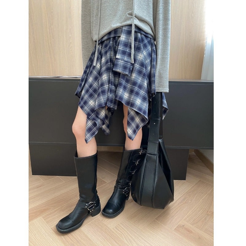 Fashionable plus Points Retro Irregular Asymmetric Hem High Waist Plaid Short Skirt