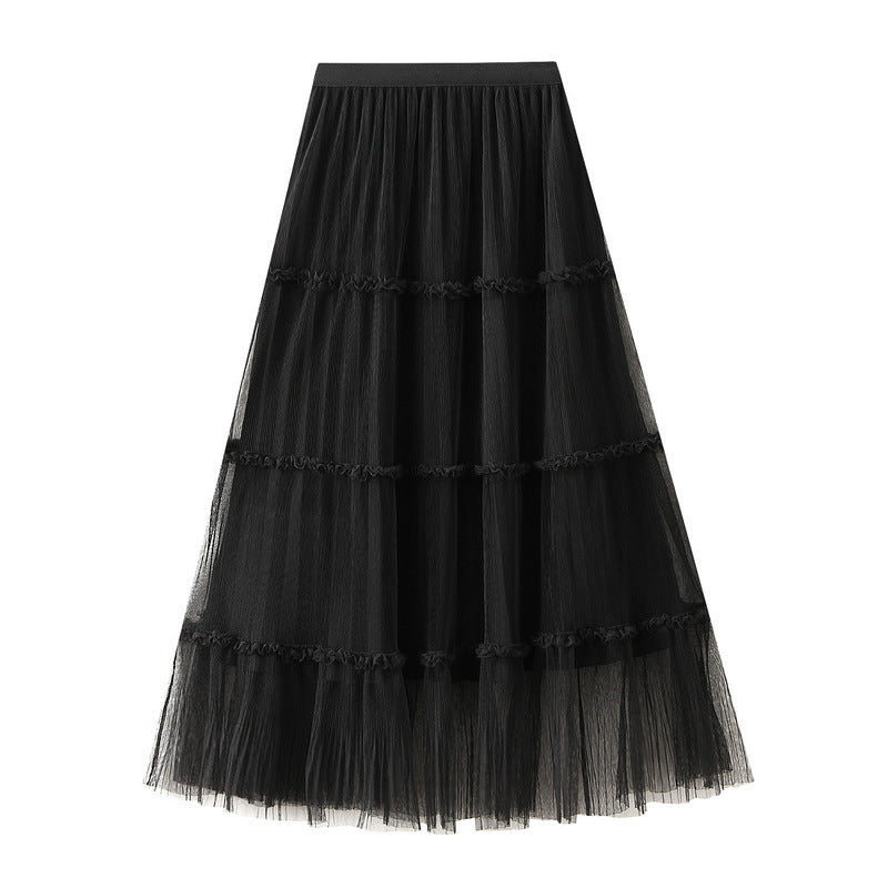 Fashionable Temperamental All Match A line Fairy Mesh Skirt for Women Autumn Large Swing Patchwork