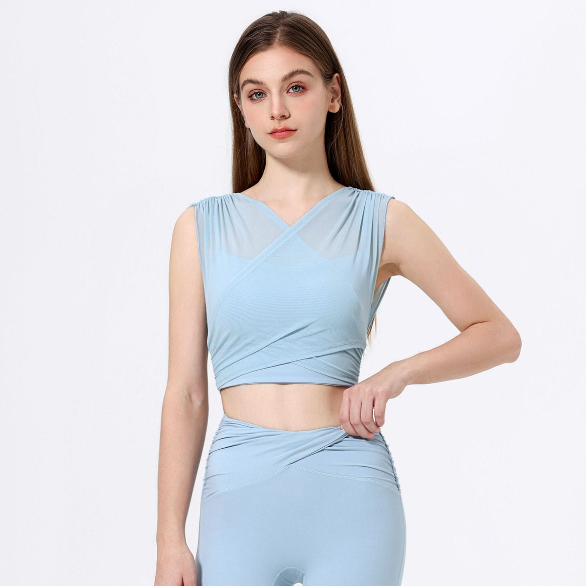 Mesh Yarn False Two Pieces Sports Top Women Yoga Clothes Vest with Chest Pad Sexy Breathable Workout Bra T shirt