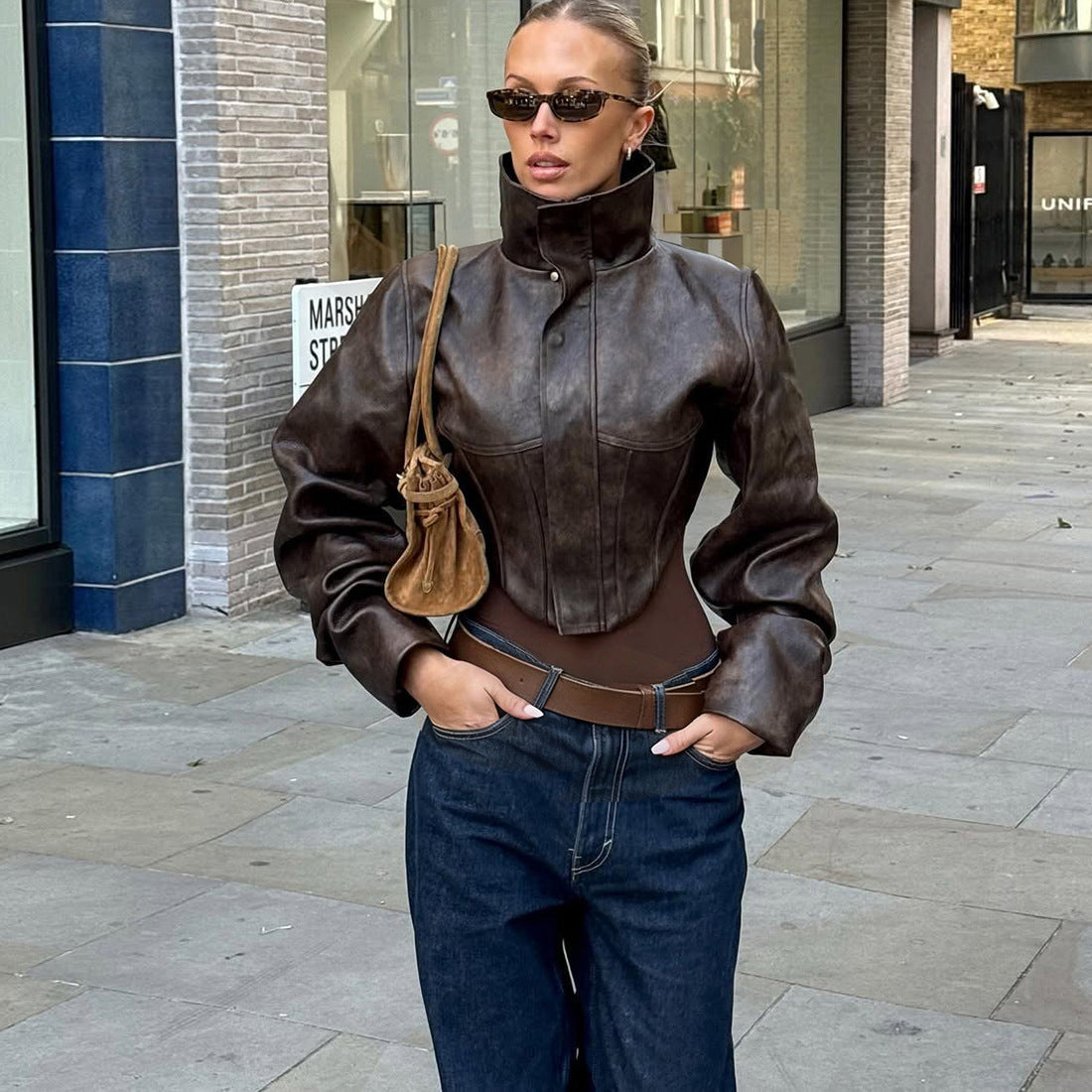 Autumn Winter Slim Slimming High Collar Solid Color Zipper Short Faux Leather Coat Women Clothing
