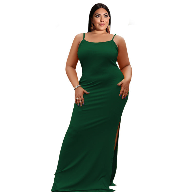 Plus Size Women Clothes Summer Sunken Stripe Sleeveless Split Sexy Tight Dress