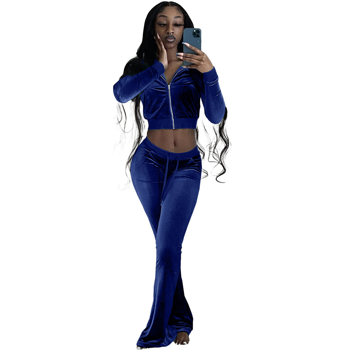 Women Clothing Two-Piece Korean Velvet Solid Color Long Sleeve Sexy cropped Casual Sports Suit