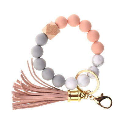 PU Tassel Keychain Bag charm Silicone Beaded Keychain Wristlet Key Ring Bracelet Cute Car Key Chain Holder for Women Girls