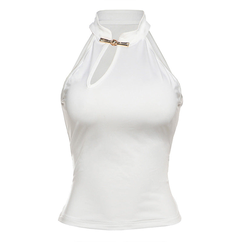 Spring Summer Women Clothing Personalized Stand Collar Open Solid Color Slim Fit Sexy Sleeveless T shirt Vest Women