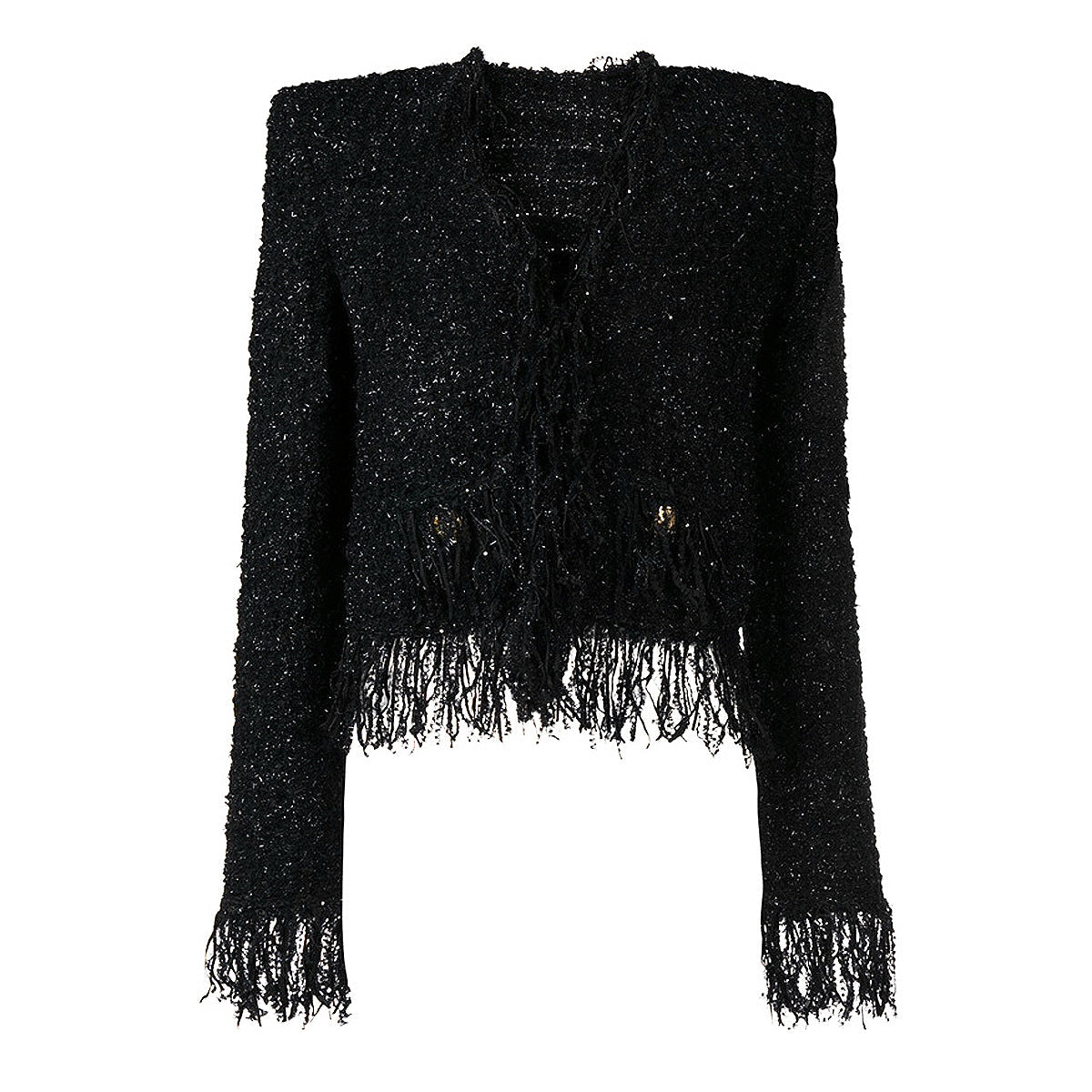 Spring Autumn Bright Silk Tweed Fringe Pocket Fastener Decoration Cardigan Women Coat Top