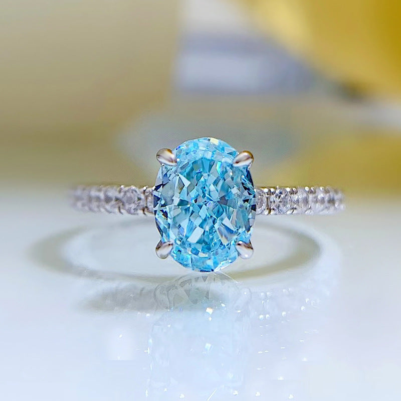 925 Silver High Carbon Diamond Sea Blue Zirconium 6*8 Oval Ring Women