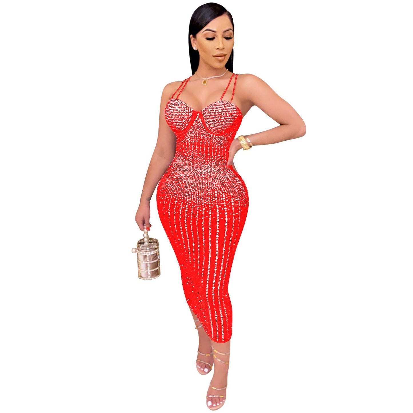 Women Wear Nightclub Sexy Mesh See through Rhinestone Strap Dress