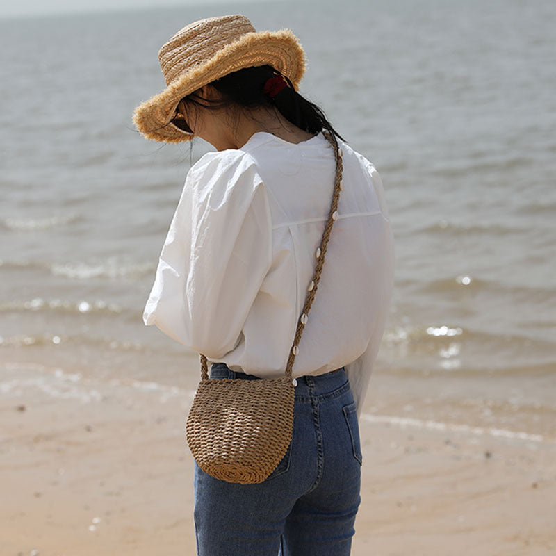 Cute Straw Bag Women Single Shoulder Crossbody Shell Straw Bag Woven Bag All Match Seaside Vacation Beach Bag