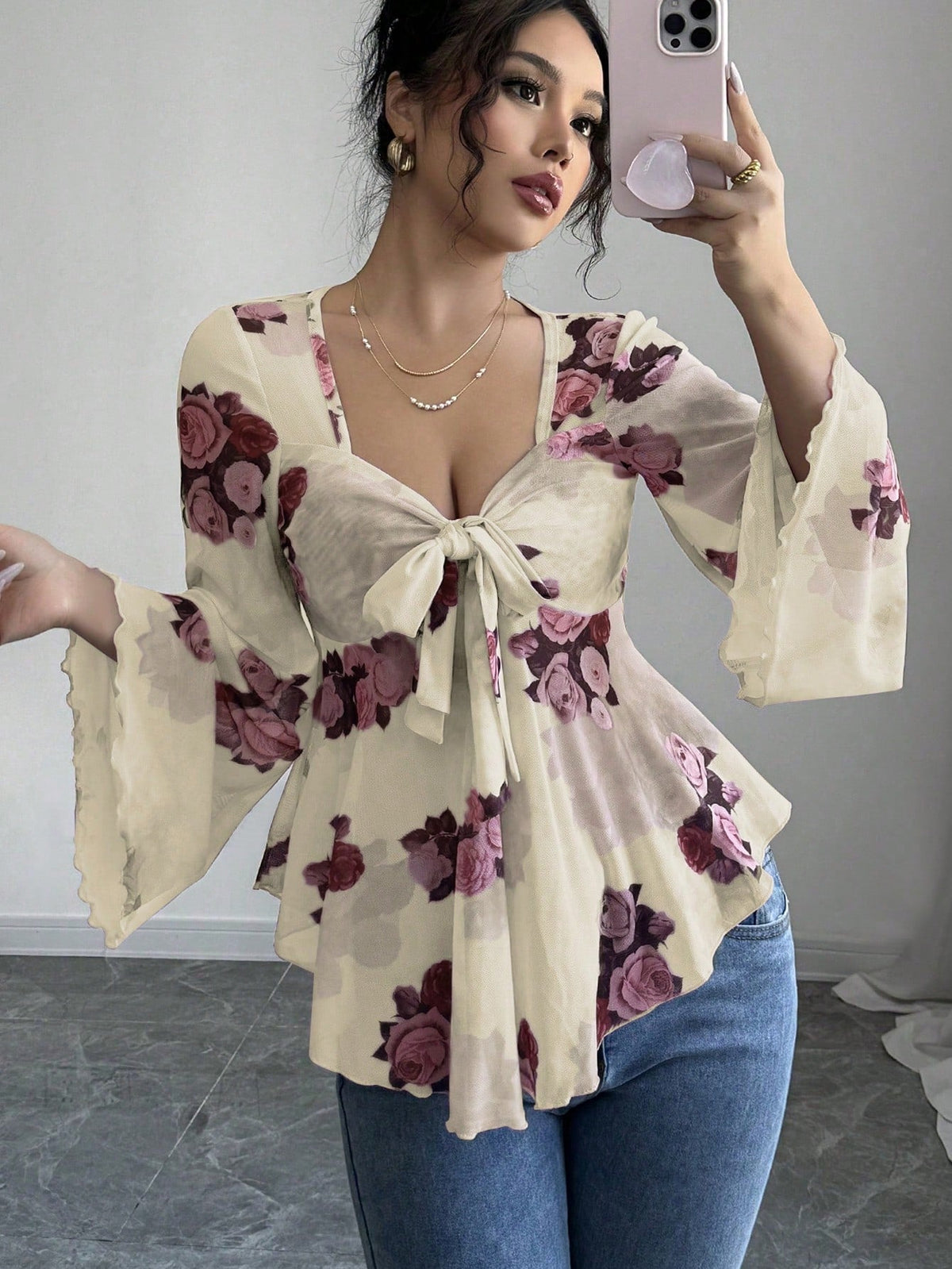 French Sweet Floral Blooming Lace up Square Collar Long Sleeve Shirt