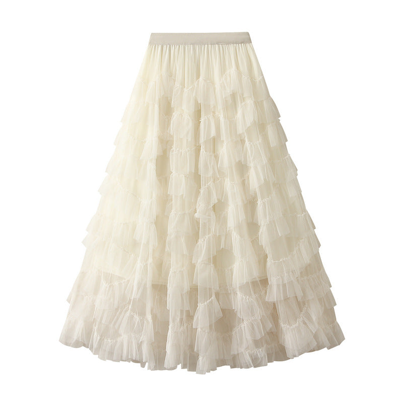 Super Fairy Heavy Industry Lace Mesh Bubble Skirt Slimming Umbrella Skirt Large Swing Elegant Cake Gauze Skirt Mid Length Skirt
