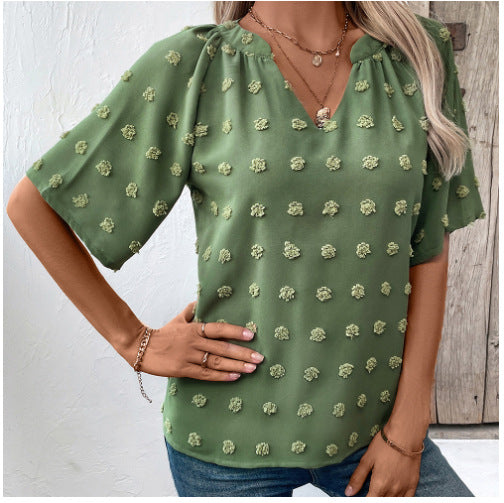 Women Comfortable Loose Jacquard V Neck Short Sleeved Top Women