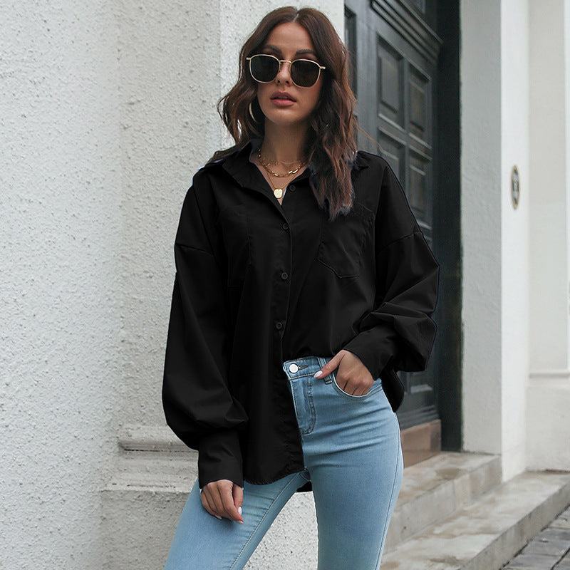 Women Cotton Lantern Sleeve Long Sleeve Mid Length Shirt Loose Shirt Top Spring Autumn Women Clothing