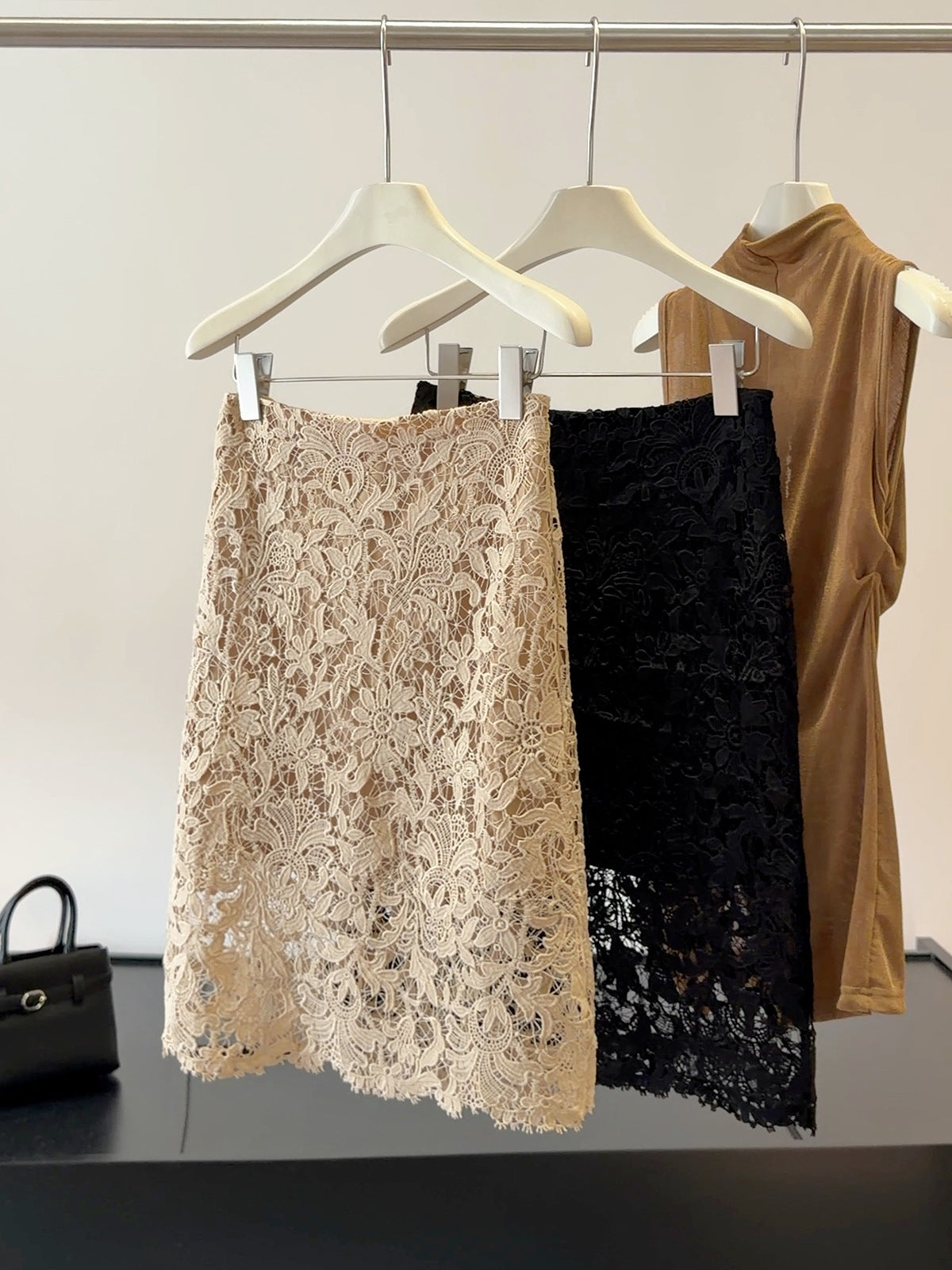 French Lace Hollow Out Cutout out Skirt for Women Summer Wild High Waist Slimming Sheath A line Mid Skirt