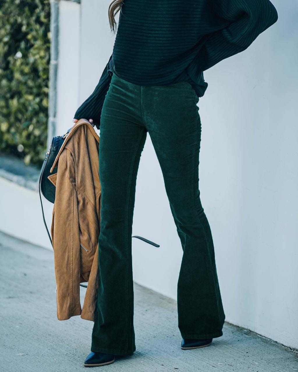 Autumn Winter Women Clothing Solid Color High Waist Slim Fit Micro Flared Pants Corduroy Elastic Waist Casual Pants