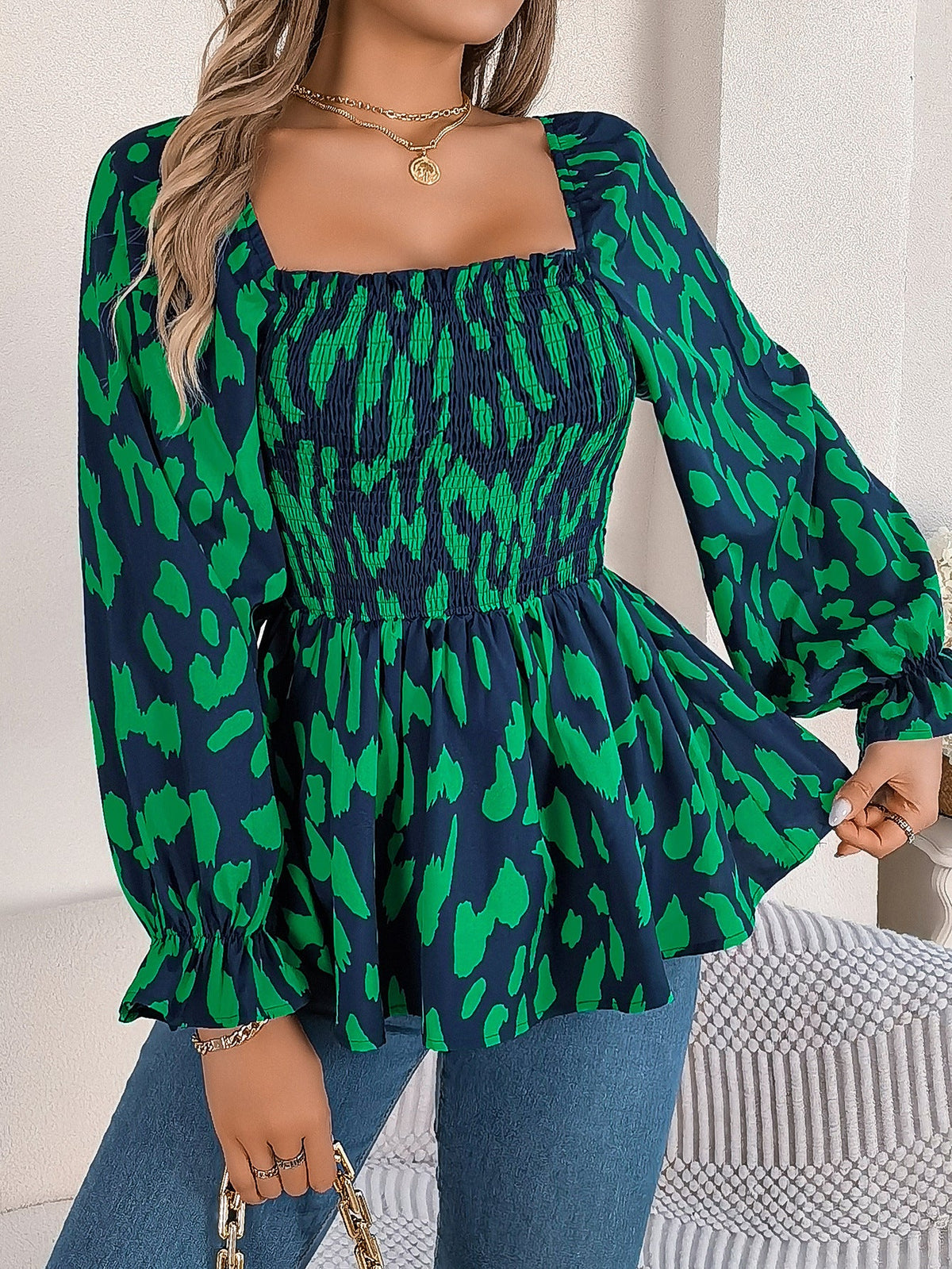 Real Shot Autumn Winter Casual Wooden Ear Square Collar Leopard Print Long Sleeve Chiffon Shirt Women Clothing