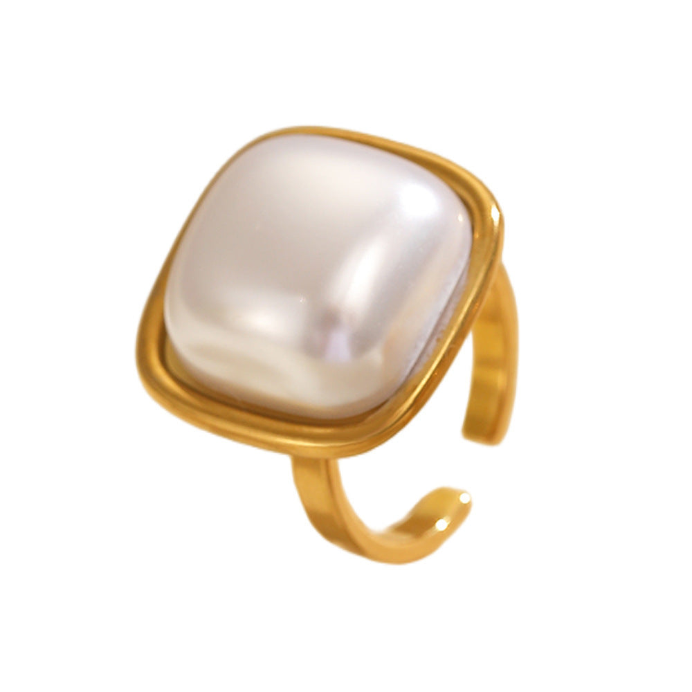Adjustable Open Stainless Steel Pearl Ring, 18K Gold Plated Oval Baroque Ring