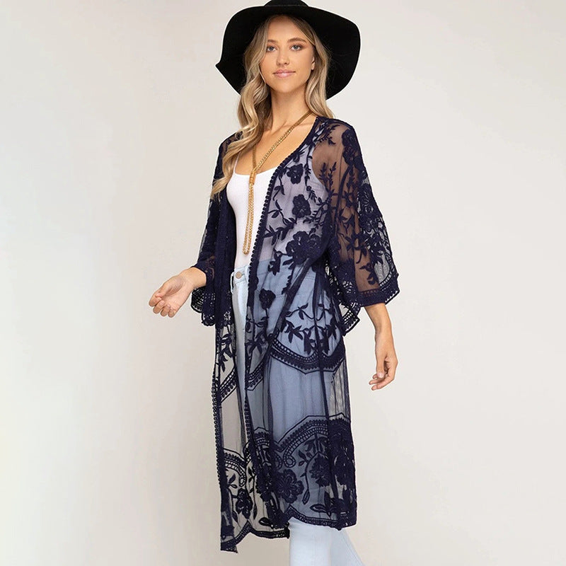 Sexy Grape Silk Embroidered Seaside Vacation Sun Protection Clothing Beach Jacket Bikini Swimsuit Outwear Cardigan for Women