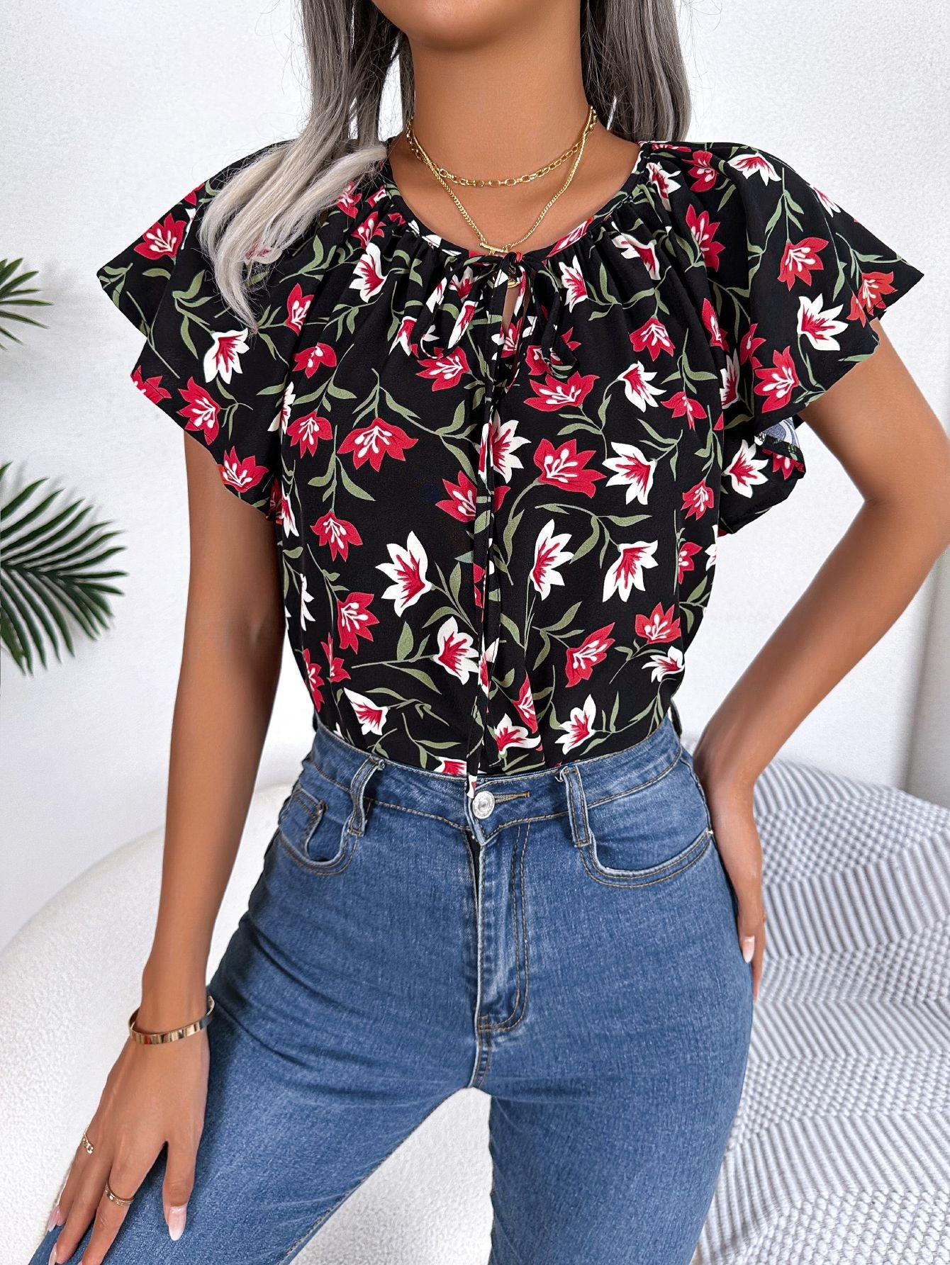Spring Summer Casual Loose Lotus Leaf Self Tie Chiffon Shirt Top Women Clothing