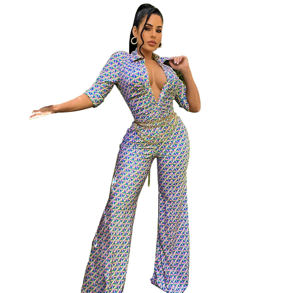 Collared Wide-Leg Sexy Slim-Fit Printed Jumpsuit