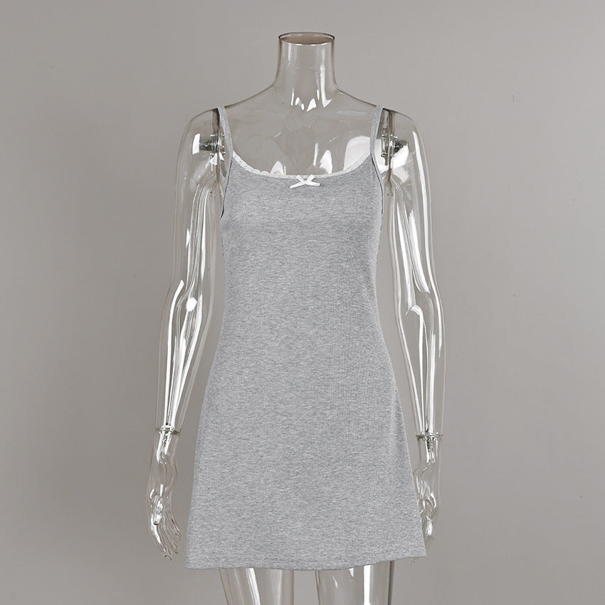 Sunken Stripe Knitted Slip Nightdress White Lace Skin Friendly Comfortable Homewear Pajamas