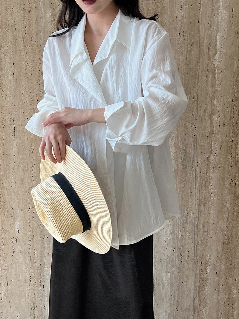 Slightly Wrinkled Texture Sense of Design Shirt Women Spring Elegant Long Sleeve Top
