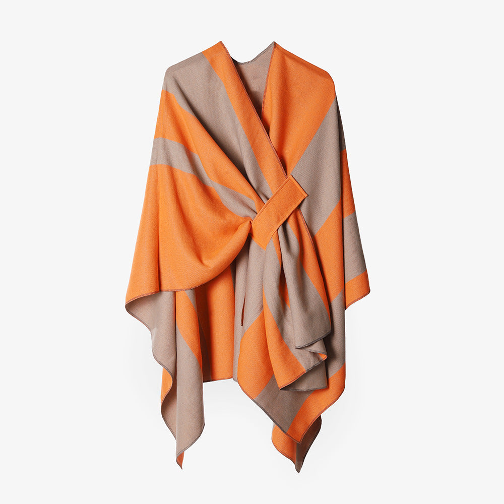 Double Sided Cape Shawl Outer Wear Women Striped Bar Shawl High Sense Cape Shawl