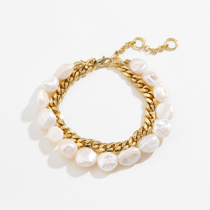 Natural Pearl Double Row Stacked Bracelet Simple Diamond Lock Set Bracelet