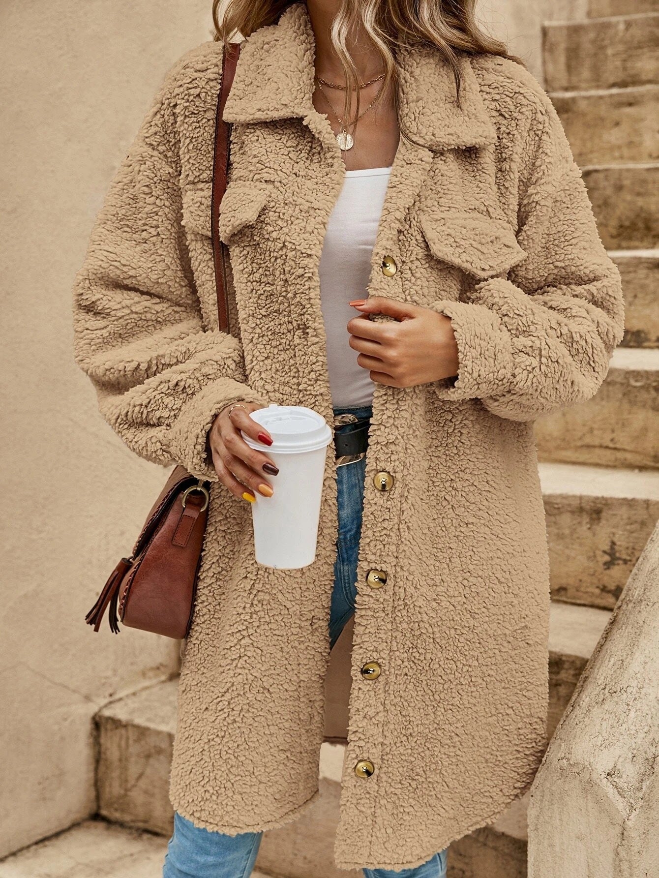 Winter Open Buckle Collared Plush Coat Loose Office Long Cut Coat Women