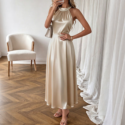 Simple Light Luxury Champagne Satin Halter Beaded Collar Dress