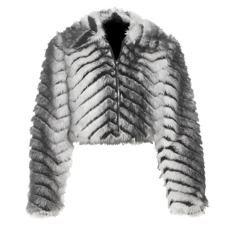 Autumn Winter Women Clothing Striped Collared Zipper Fur Coat Fur Short Coat
