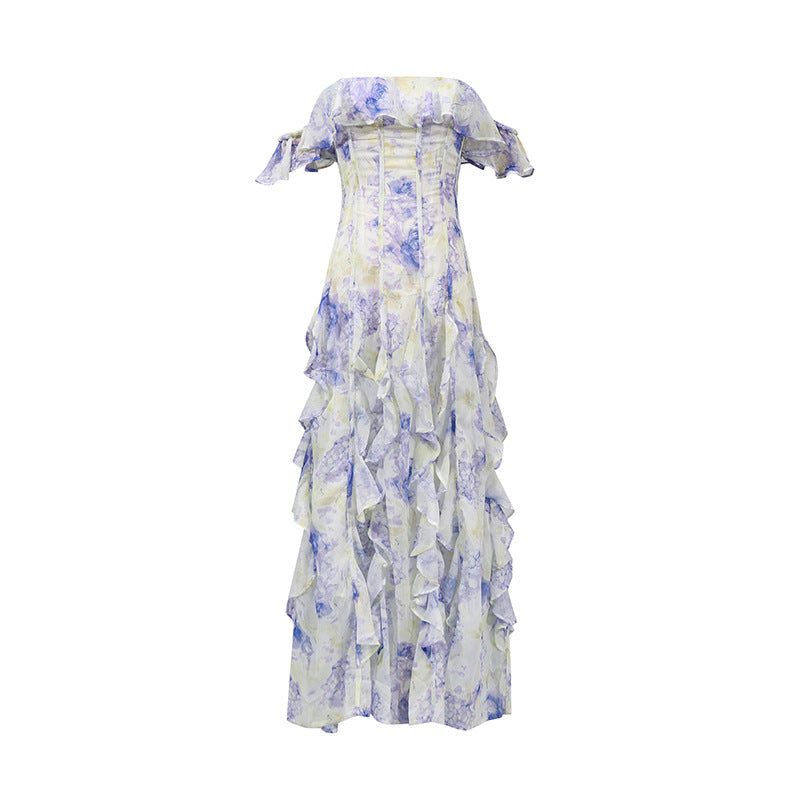 Fairy Floral God Tube Top Waist Controlled Large Hem Formal Dress Women Summer Printed Ruffled Dress Women