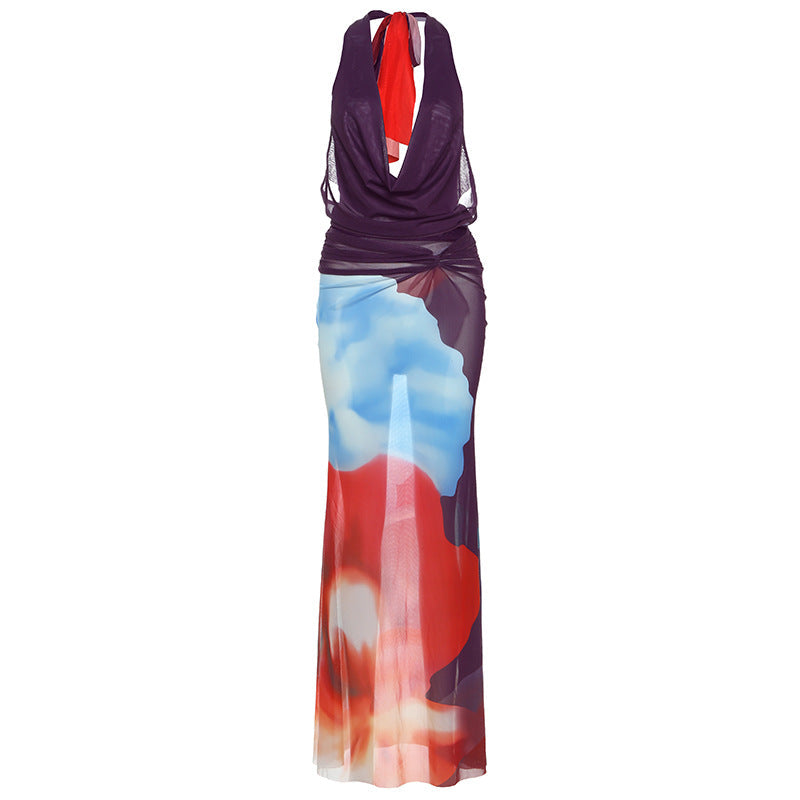 Women Clothing Summer Sexy Mesh Halterneck Vest Slim Fit Sheath Print Skirt Two Piece Set