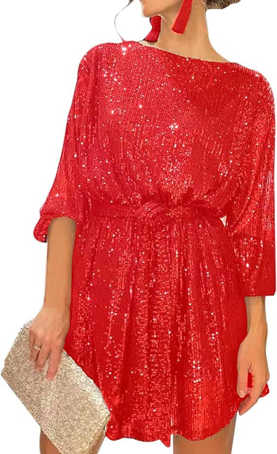 Summer Sequined Round Neck Long Sleeve Casual Loose Beaded Dress