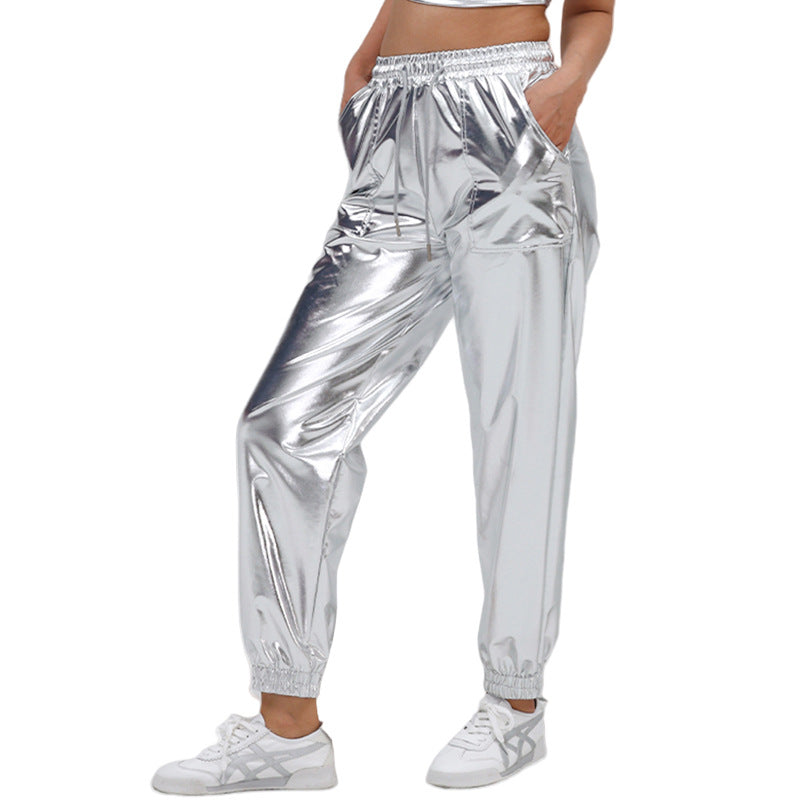 Women Pants Street Trend Bronzing Ankle Banded Pants Sports Bright Leather Loose Performance Clothes