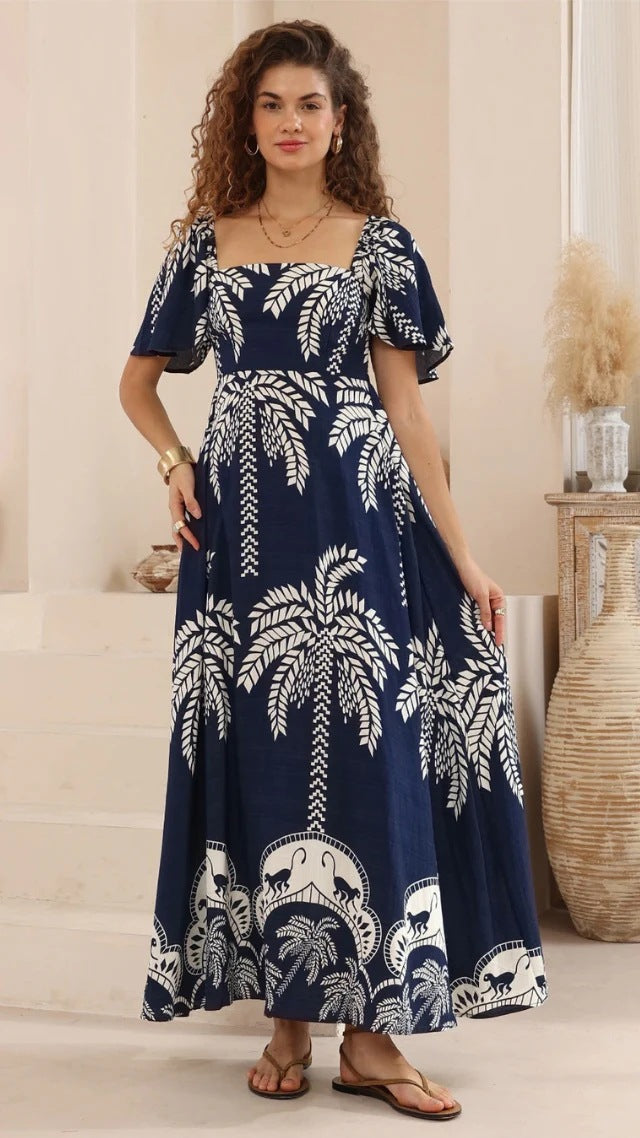 Summer Dress Printed Bell Sleeve High Waist Big Swing French Dress