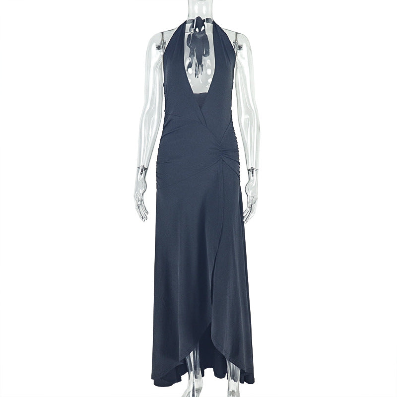 Women Clothing Waist Slimming Solid Color Hip V neck Pleated Draped Chest Wrapped Dress
