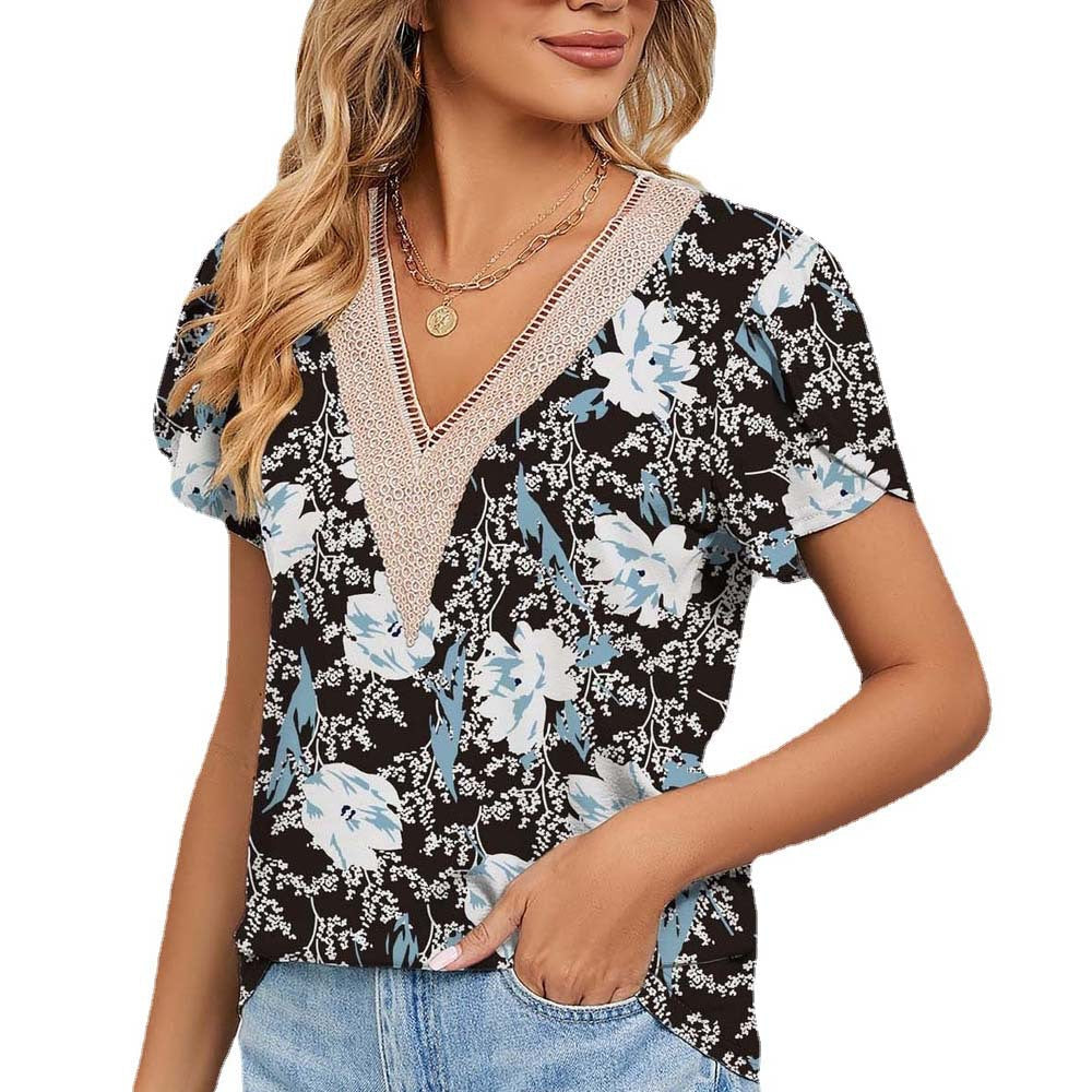 Spring Summer Golden Lace V Neck Petal Short Sleeve Floral T Shirt Top