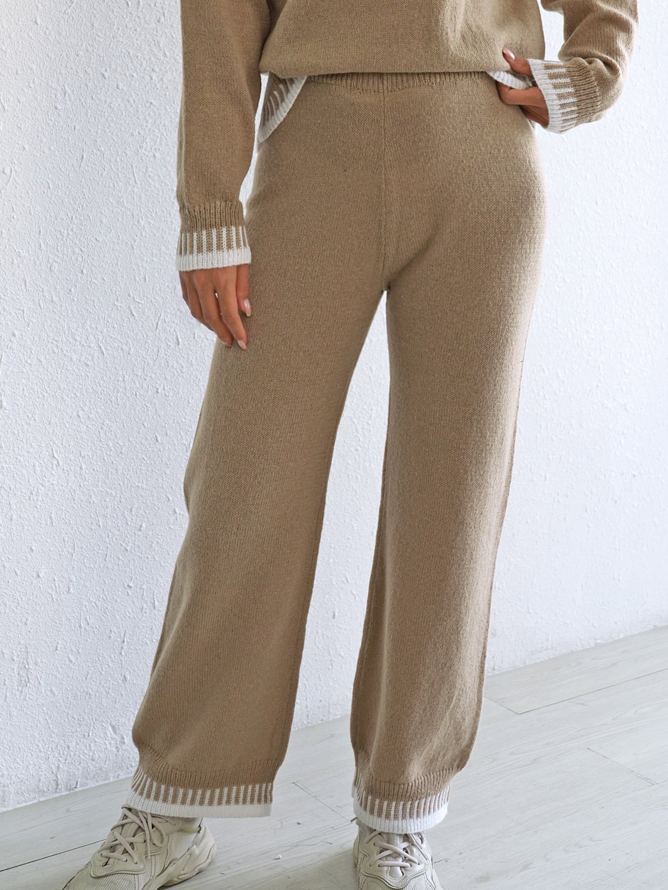 Women Autumn Winter Thickening Pants Women Clothing Color Contrast Patchwork Casual Wide Leg Pants Woven Woollen Trousers