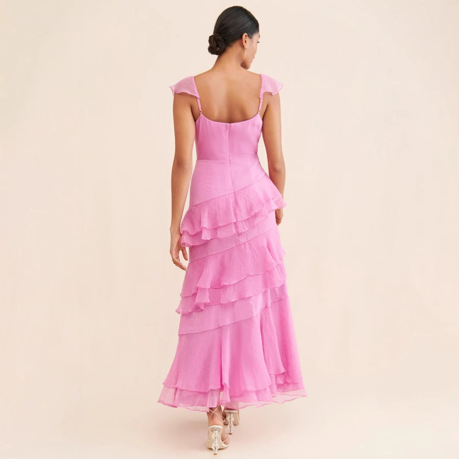 Dress Women Wear Sexy Strap Backless Tiered Dress Pink Dress
